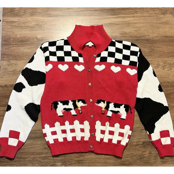 Vintage 80s The Eagle’s Eye Cow Heart Cottagecore Red Cardigan Sweater Medium - Picture 1 of 8